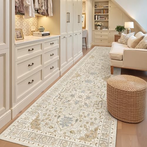 Hallway Runner Rug 3x12 Washable Kitchen Runners 12ft (Beige/Blue / 3' x 12' (Runner))