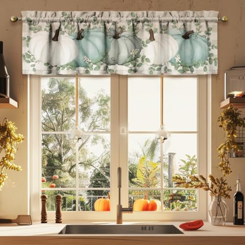 Fall Thanksgiving Kitchen Curtains Valances and Tiers 53 x 18 Inch (Blue / 54"W x 18"L (Pack of 3))