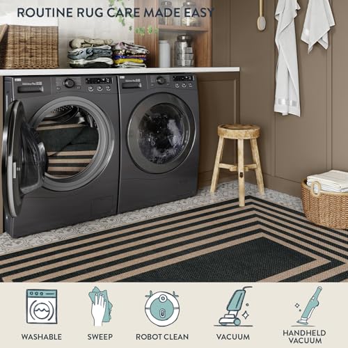 Modern Geometric Easy Jute Outdoor Rug (5' x 7' (Rectangular) / Black/Nature Border)