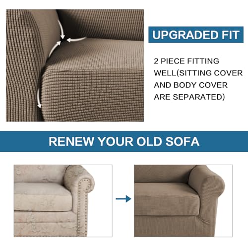 2 Piece Couch Cover Stretch Stylish Chair Cover Furniture Protector Featuring Jacquard Textured Twill Fabric High Spandex Slipcover (Small / Macchiato)