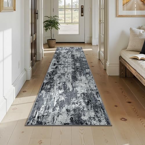 Washable Runner 2'x9' Abstract Area Rug for Hallway Black White (Black/Navy Blue/Gray / 2' x 9' (Runner))