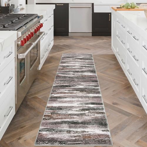 Abstract Washable 2x6 Runner Rug Non Slip Runners for Hallway (Dark Light Brown White / 2' x 6' (Runner))