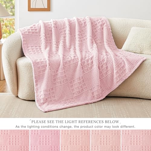 Pink Fleece Throw Blanket for Couch or Bed Waffle Pattern Decor (02-pink / Throw)