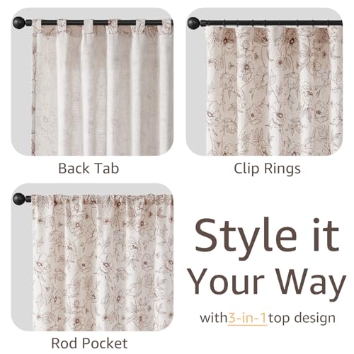 Floral Linen Curtains for Living Room 84 Inch Length Brown Flower Curtain Rod Pocket Back Tab Farmhouse Curtains with Printed Floral Bedroom Window Curtain Set (Penny Brown on Ecru / 50"W x 84"L (Pack of 2))