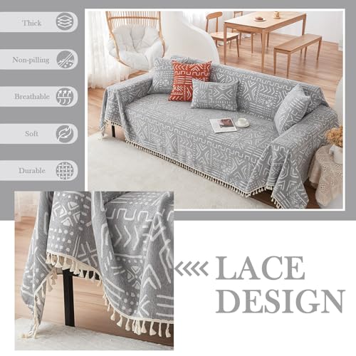Bohemian Grey and White Couch Cover for Dogs Aztec Tribal Sofa Covers for 3 Cushion Couch Aesthetic Tassel Couch Slipcover Sofa Seat Cover Universal Loverseat Cover Futon Cover (71" x 150" / Tassel 2:grey/White)