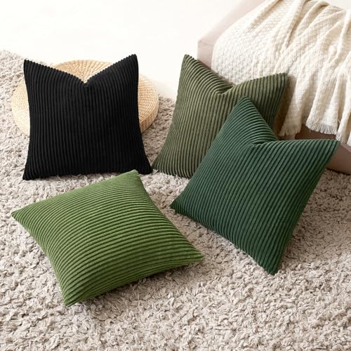 Soft Corduroy Decorative Throw Pillow Covers Neutral Green 18x18 (18" x 18" (Pack of 4) / Green-black)