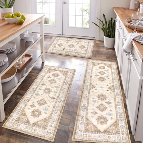 HEBE Boho Kitchen Rugs Set of 3 (Cream Tan / 20"x32"+20"x48"+20"x59")