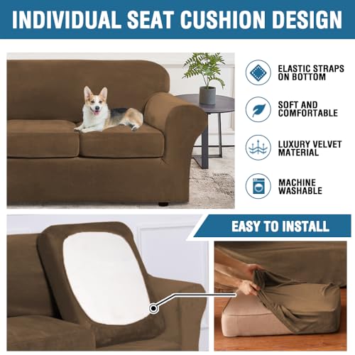 Modern Velvet Plush 4 Piece High Stretch Sofa Slipcover Sofa Cover Furniture Protector Form Fit Thick Velvet Sofa Cover for 3 Cushion Couch Width Up to 90 Inch (3 Cushion Sofa / Bronze Brown)