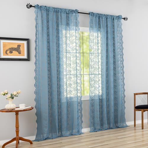 Vintage Lace Curtains 102 Inches Long (Stone Blue / 52"W x 102"L (Pack of 2))