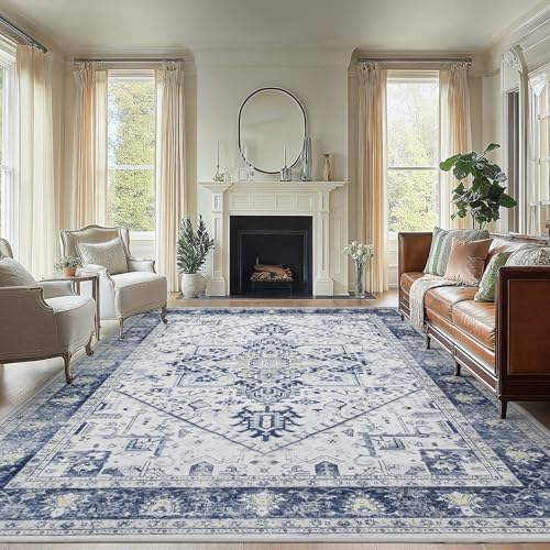 Amada Large 8x10 Washable Area Rug for Living Room (8' x 10' (Rectangular) / Navy Blue/White)
