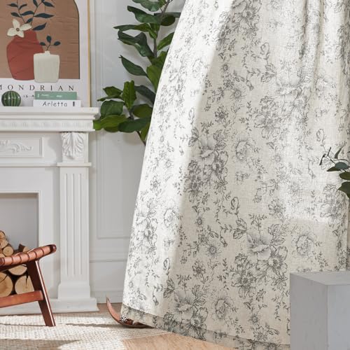 Vintage Floral Linen Curtains 63 Long for Living Room 2 Panels (Grey / 50"W x 63"L (Pack of 2))