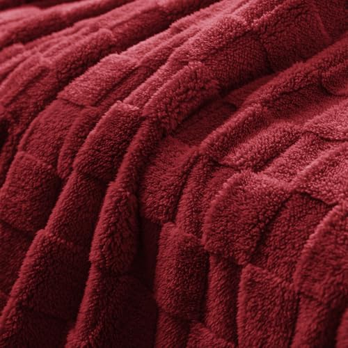 3D Checkered Fleece Throw Blanket for Couch (Burgundy / Throw (50"x60"))