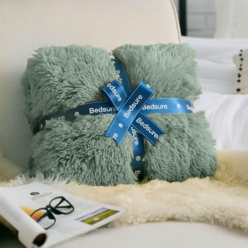 Faux Fur Fluffy Sherpa Fleece King Bed Blanket Sage Green 108"x90" (12- Sage Green / King (108" X 90"))