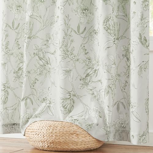 Green Floral Linen Curtains 84 Inch Vintage Back Tab 2 Panels (Flower Green on White / 50"W x 84"L (Pack of 2))