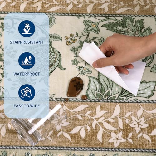 Terracotta Olive Sage Green 2x6 Washable Kitchen Runner Rugs Non Slip Provence Botanical Grove Vintage Boho Cottage Long Rug for Hallways Bedroom TPE Rubber Backing (Terracotta / Olive Sage Green / 2' x 6' (Runner))