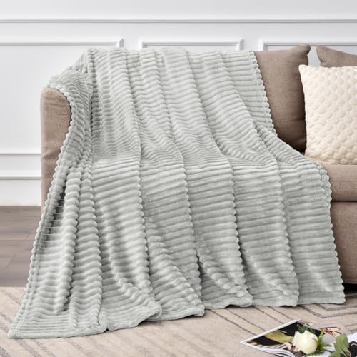 3D Ribbed Light Grey Fleece Throw Blanket for Couch (Light Grey / Throw(50"x60"))