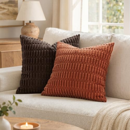 Fall Corduroy Decorative Throw Pillow Covers 18x18 Rust Pack of 2 (Rust / 18" x 18" (Pack of 2))