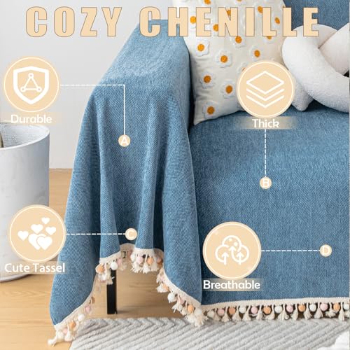 Couch Slipcover Dog Sofa Covers Boho Couch Cover for Dogs Blue Sofa Throw Cover Bohemian Sofa Covers for 3 Cushion Couch Herringbone Sectional Couch Cover Slipcovers for Sofas (91" x 150" / Tassel Ball: Blue)