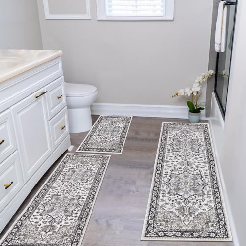 HEBE Boho Kitchen Rugs Set of 3 (Black/Brown / 20"x32"+20"x48"+20"x59")