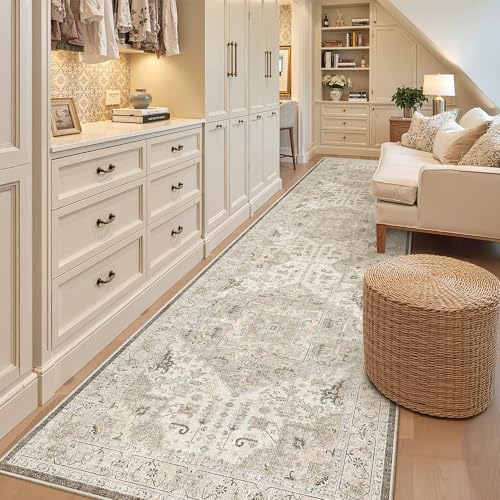 Hallway Runner Rug 3x12 Washable Kitchen Runners 12ft (Ivory/Brown / 3' x 12' (Runner))