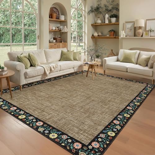 Washable Rugs for Living ROM 8 x 10 Large Area Rug Farmhouse Floral Bordered Bedroom Carpet Indoor Non (Black/Brown Flax / 8' x 10' (Rectangular))