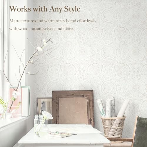 Boho Peel and Stick Wallpaper Modern Floral Wall Paper Neutral Beige Contact Paper Self Adhesive Removable Renter Friendly Wallpaper for Bedroom and Living Room Shelf Liner Vinyl 17.3'' x 385'' (Light Beige / 17.3" x 385")