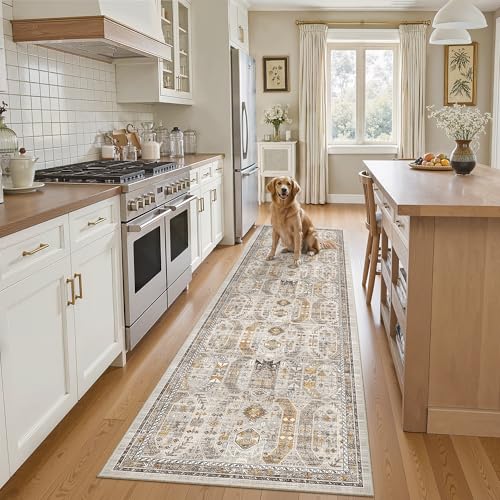 Hallway Runner Rug 2x8 Washable Kitchen Rugs Non (Brown/Gold / 2' x 8' (Runner))