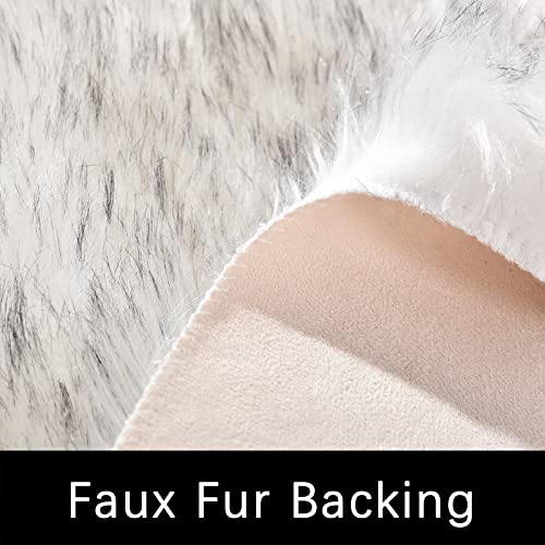 Grey and White Small Round Rug 3ft Faux Sheepskin Fur Circle Rug for Living Room Bedside Fluffy Shag Rugs Cute Room Décor (3' (Round) / White With Grey Tips)