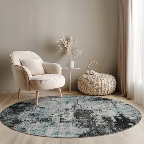 Washable Round 4ft Area Rug for Living Room Teal Black (Black/Teal Blue / 4' (Round))