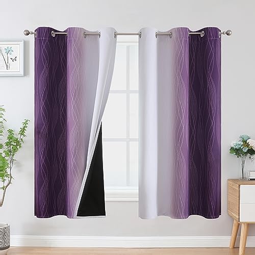 Purple and Greyish White Ombre Blackout Curtains for Bedroom 63 Inches Long (Purple and Greyish White / 42"W x 63"L (Pack of 2))