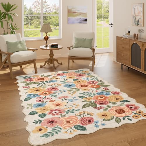 4x6 Area Rug Non Slip Floral Washable Living Room Rug (Beige Yellow (Big) / 4' x 6' (Rectangular))