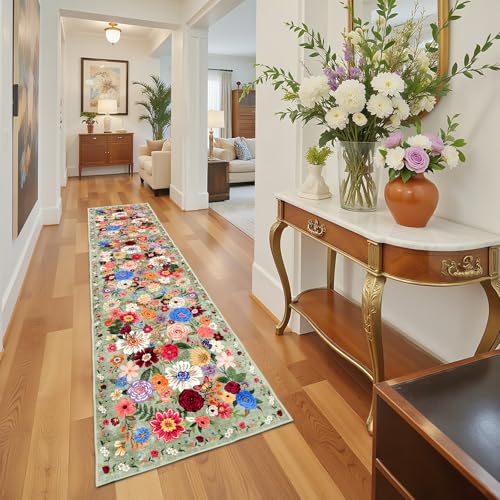 Green Floral Hallway Runner Rug 2'6"x14 for Bedroom Kitchen (Green / 2'6" x 14' (Rectangular))