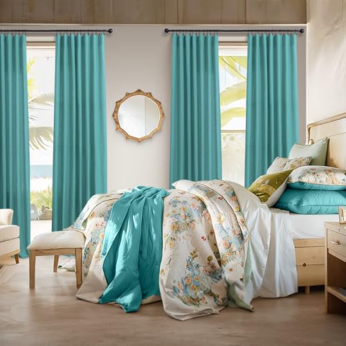 Mid Century Modern Teal Curtains 96 Inches Long 2 Panels for Living Room Bedroom Linen Sheer Semi Privacy Lightweight Light Filtering Drapes for Dining Room Office Farmhouse Coastal Decor 52x96 Length (52"W x 96"L (Pack of 2) / Teal)