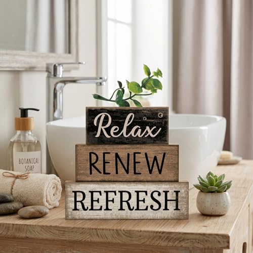4 Pcs Bathroom Shelf Decor Sign Farmhouse Bathroom Accessories (Relax Renew Refresh)