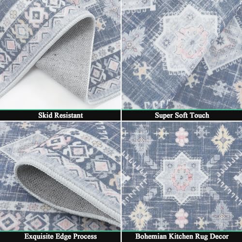 HEBE Boho Kitchen Rugs Set of 3 (Ash Blue / 20"x32"+20"x48"+20"x59")