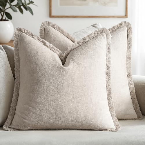 Linen Fringe Decorative Throw Pillow Covers Natural Beige 16x16 (16" x 16" (Pack of 2) / Natural Beige)