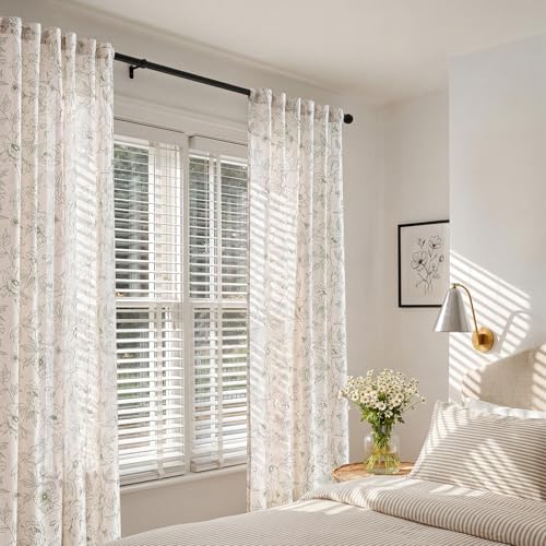 Floral Linen Curtains for Living Room 63 Inch Length Green Flower Curtain Rod Pocket Back Tab Farmhouse Curtains with Printed Floral Bedroom Window Curtain Set (Penny Green on Ecru / 50"W x 63"L (Pack of 2))