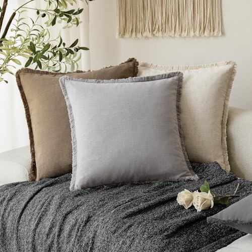 Decorative Linen Fringe Throw Pillow Covers 24×24 Light Gray (24" x 24" (Pack of 2) / Quiet Gray)