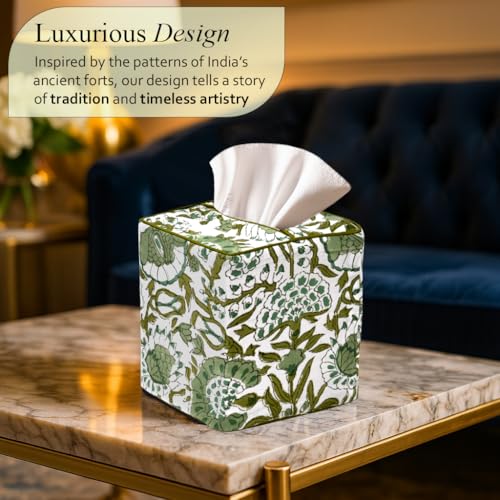 CPC Agate Green Block Print Square Tissue Box Cover 100% Cotton (Agate Green)