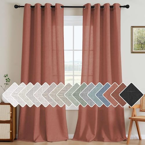 Living Room Linen Curtains Semi Sheer Curtains Nickel Grommet Curtain Energy Saving Light Filtering Window Treatments Panels for Bedroom (52"W x 108"L (Pack of 2) / Rust)