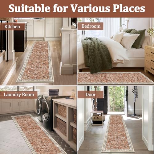 2x8 Washable Hallway Runner Rug Non Slip Floral Carpet (Brick-red / 2' x 8')