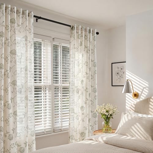 Green Floral Linen Curtains 84 Inch Vintage Back Tab 2 Panels (Floral Green / 50"W x 84"L (Pack of 2))