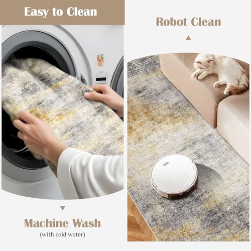 3x4 Area Rug Washable Abstract (Grey/Yellow / 3' x 4')