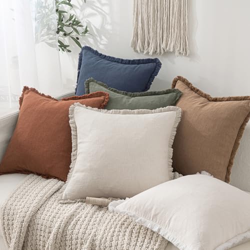 Linen Fringe Decorative Throw Pillow Covers Natural Beige 16x16 (16" x 16" (Pack of 2) / Natural Beige)