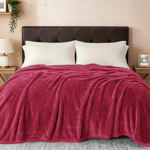 Fuzzy Plush Fleece Bed Blanket Twin XL Size (Deep Red / 90x66 IN)