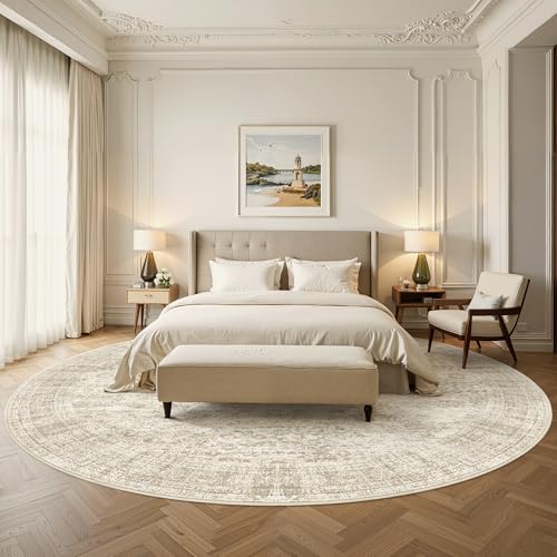 Round Rugs 8ft Living Room Circle Area Rug 8x8 Beige Vintage (Beige / 8' (Round))