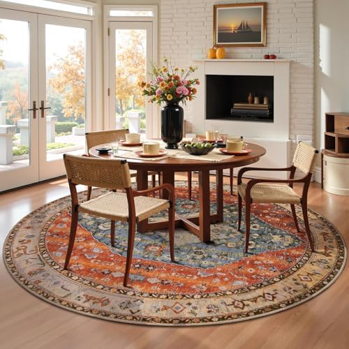 6ft Washable Non Slip Round Boho Area Rug for Bedroom (Tribal Medallion/Multi / 6' (Round))
