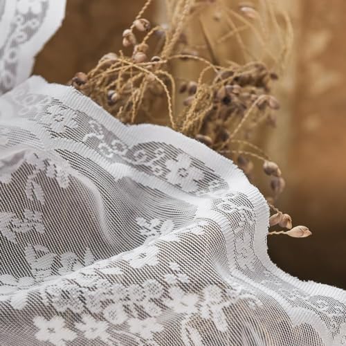 Vintage Lace Curtains Chic Floral White Short Sheer Bathroom Curtains for Small Window 2 Panels (Bright White / 52"W x 45"L (Pack of 2))