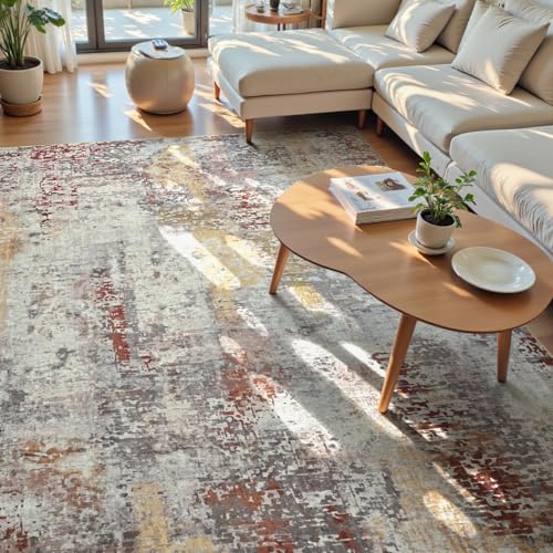 Living Room Rug 9x11 Beige Area Rugs Machine Washable Abstract Boho Large Rug Non (Grey Brown / 9' x 11' (Rectangular))