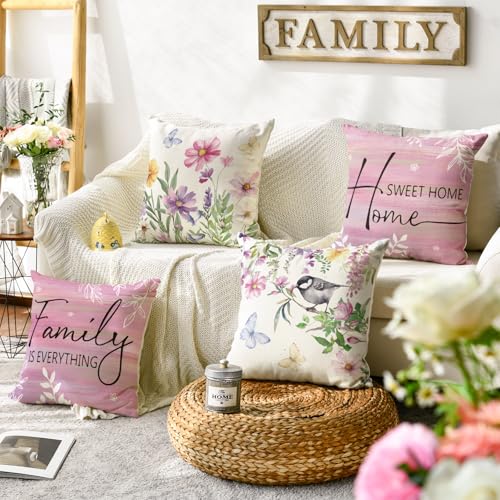 Spring Saying Flowers Butterfly Pink Throw Pillow Covers (Pink / 16" x 16" (Pack of 4))